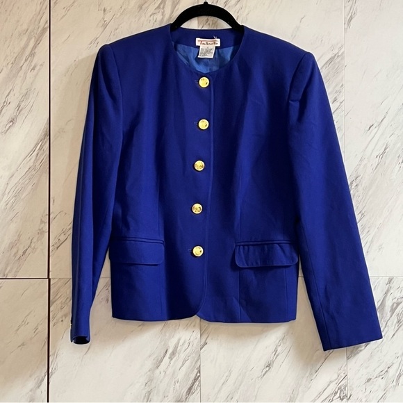 Talbots Boxy Collarless Wool Blue Button Blazer SZ 4 - Picture 3 of 7